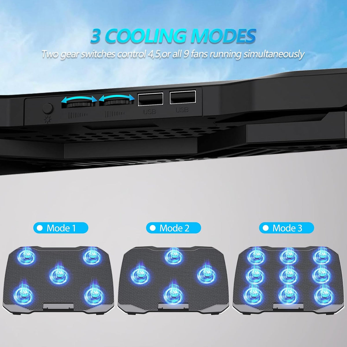 AIMIUZI Laptop Cooling Pad, Gaming Laptop Cooler with 9 Quiet Fans, Laptop Cooling Stand for 12-17 Inch, Laptop Computer Fan with 5 Height Adjustable,2 USB Ports,1 Phone Stand