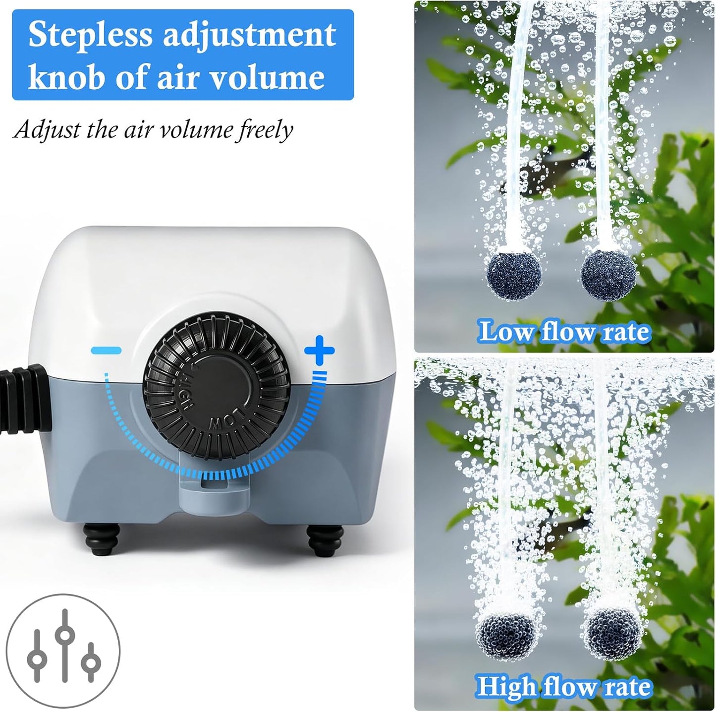 HITOP Dual Outlet Aquarium Electric Air Pump, Whisper Adjustable Fish Tank Aerator, Quiet Oxygen Pump with Accessories for 10 to 100 Gallon