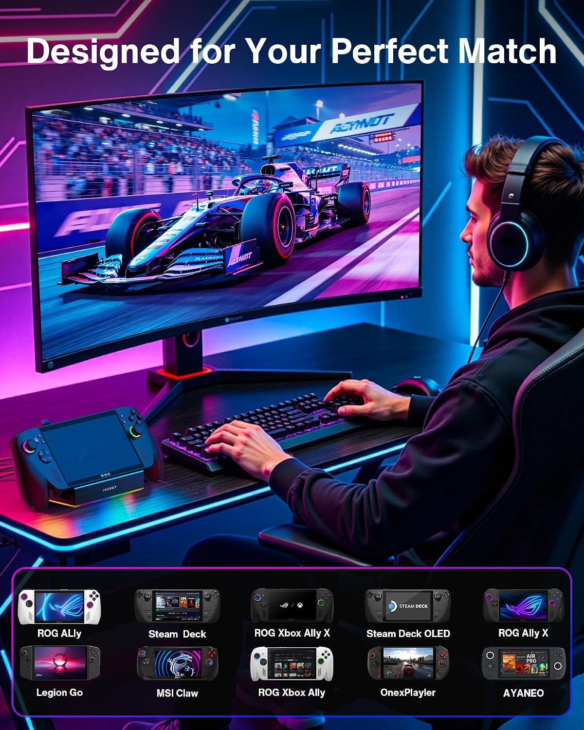iVANKY 14-in-1 RGB Docking Station for ROG Xbox Ally X(2025), 4K@120Hz | Compatible with Steam Deck OLED/Lenovo Legion GoS,10Gbps USB3.2, SD/TF Slots, 1Gbps Ethernet,100W Charge, Foldable