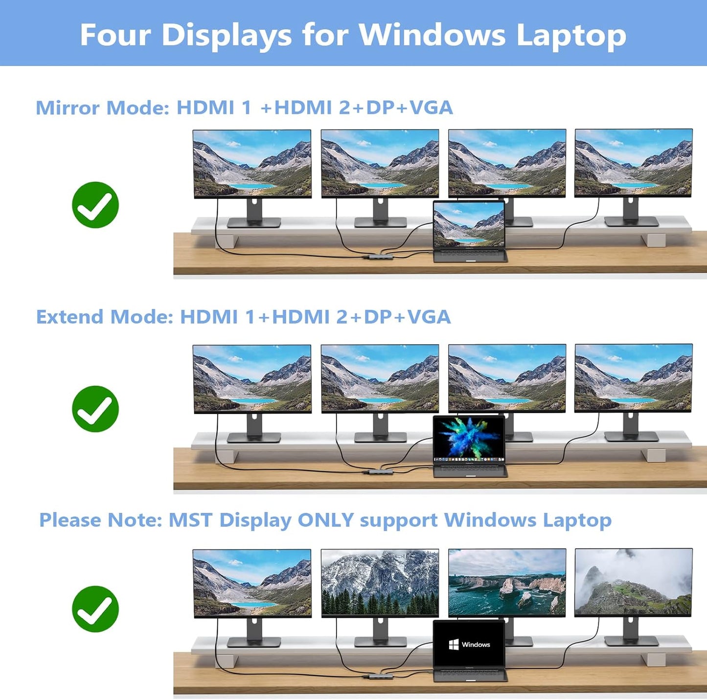 USB C Docking Station Dual Monitor for HP,Laptop Docking Station 3 Monitors | USB C Hub Quad Display USB C Adapter to 4K HDMI+DP+VGA,3USB 2.0,PD,USB C Dock Dongle 8 in 1 Computer Docking Station for Dell