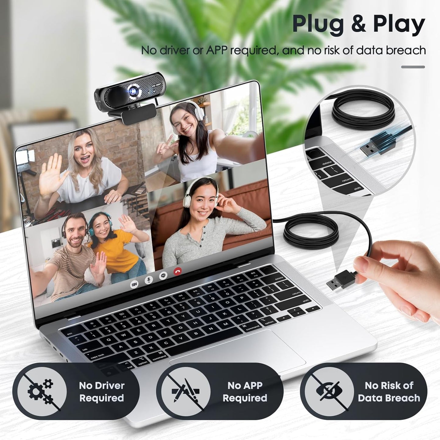 1080P HD Webcam with Microphone, Privacy Cover, Wide-Angle Lens, Plug & Play USB Webcam for Laptop, Desktop, PC, Mac, Zoom, Skype (Deep Black)