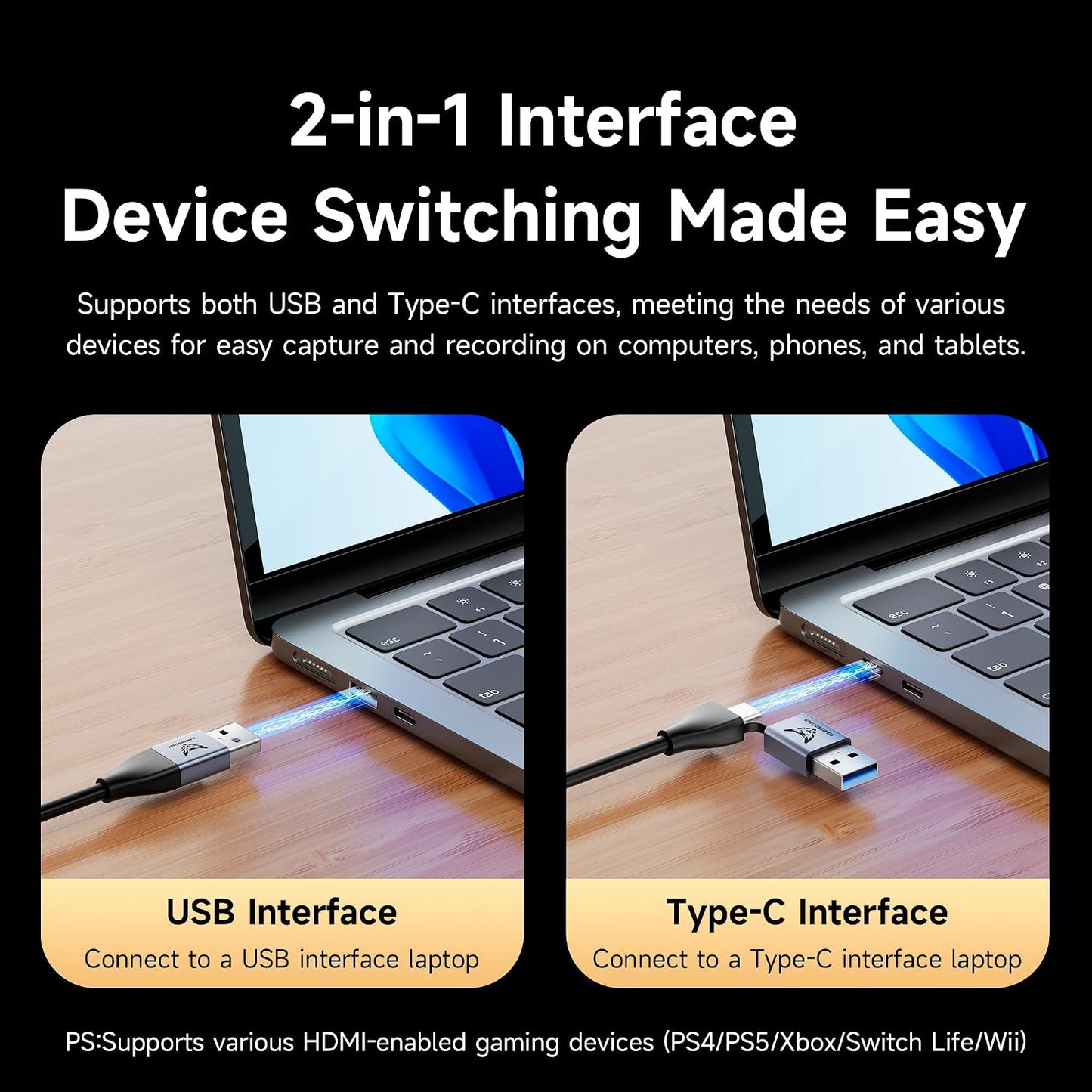 4K HDMI Video Capture Card with 100W PD, USB 3.0 & Type C | USB-A/C dual connectors,Pass-through charging for non-stop live streaming & low-latency gaming on Switch, PS5, PC