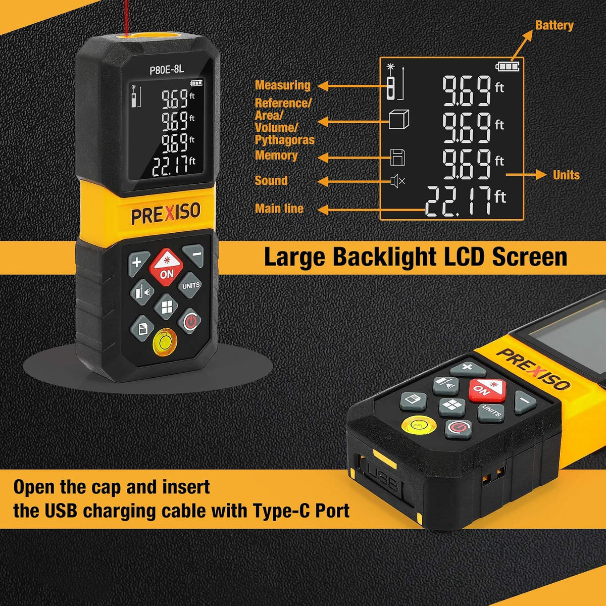 PREXISO Laser Measure Tool, 265Ft Rechargeable Laser Tape Measure (M/in/Ft) | Backlit LCD with 4 Line Display, Pythagorean/Distance/Area/Volume Modes, Mute Mode & 30 Records Memory, 3 Reference Points