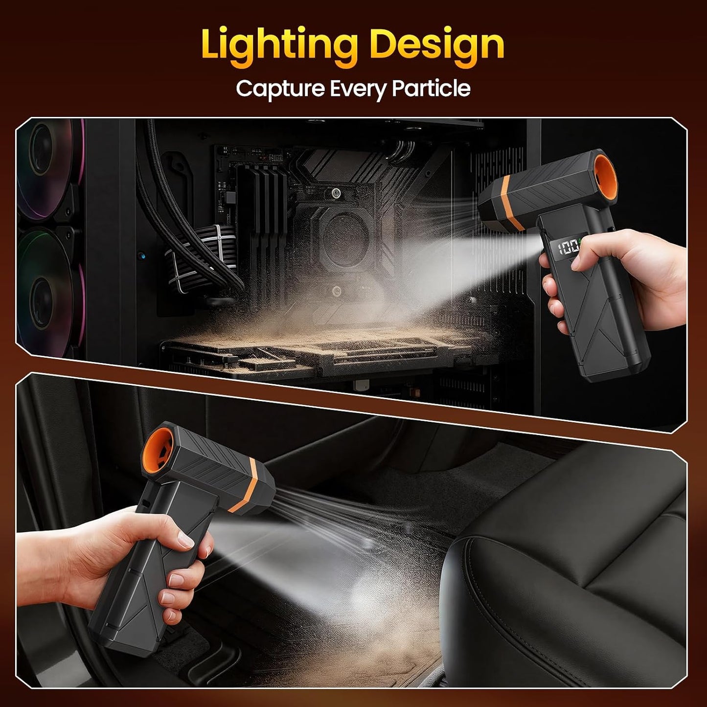 Dzaki Compressed Air Duster & Vacuum 2-in-1, 140000RPM Electric Air Duster, 4-Gear Adjustable Rechargeable Cordless Dust Blower with LED Light Fast Charging for Keyboard PC Car Home Outdoor-Orange