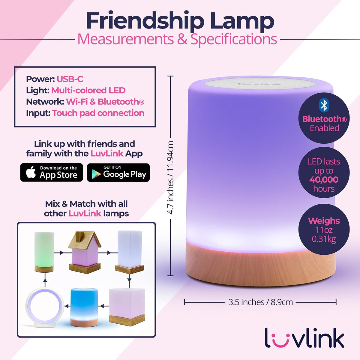 LuvLink Friendship Lamps No Subscription WiFi Touch Lamp for Long Distance Relationships, Couples, Friends & Family - Gift Ready (Set of Two)
