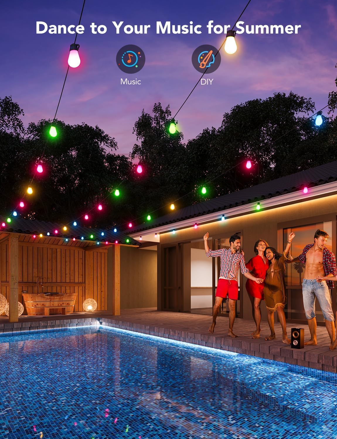 Govee Smart Outdoor String Lights H7015, 48ft RGBIC, IP65, 47 Scene Modes | 15 Dimmable LED Bulbs Outdoor Lights with Color Changing Warm White Lights for Patio, Backyard, App Control, Bluetooth
