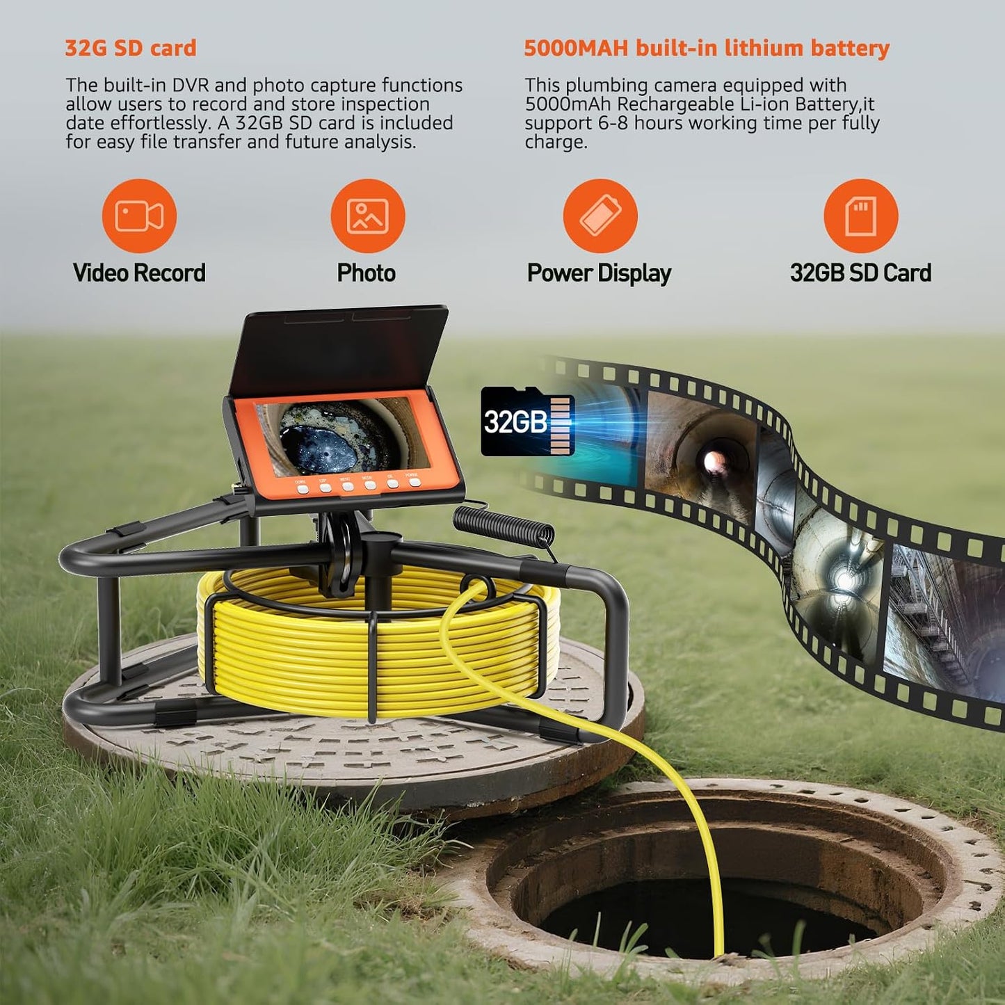 Sewer Camera 100FT, 5'' HD 1080P w/DVR-32GB Pipe Inspection Camera 5000mAh | Drain Camera IP68 Waterproof Snake Plumbing Tool with Lights 100FT Marked Cable Borescope with Lights 6 LED Plumbing Cameras