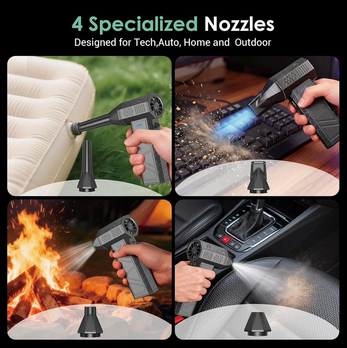 YOTON Compressed Air Duster, 110000RPM Rechargeable Electric Air Blower | 3-Speed Airflow, 5000mAh Battery, USB-C Charging, LED Light, 4 Nozzles & Bag, For Keyboard, PC, Electronics, Car & Home