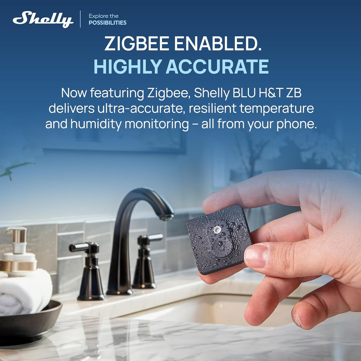 Shelly BLU H&T ZB Black, Bluetooth & Zigbee Operated Temperature & Humidity Levels Sensor, Compatible with Home Assistant, Alexa, Google Home, Water & Dust Resilient, IP54, Real Time Monitoring
