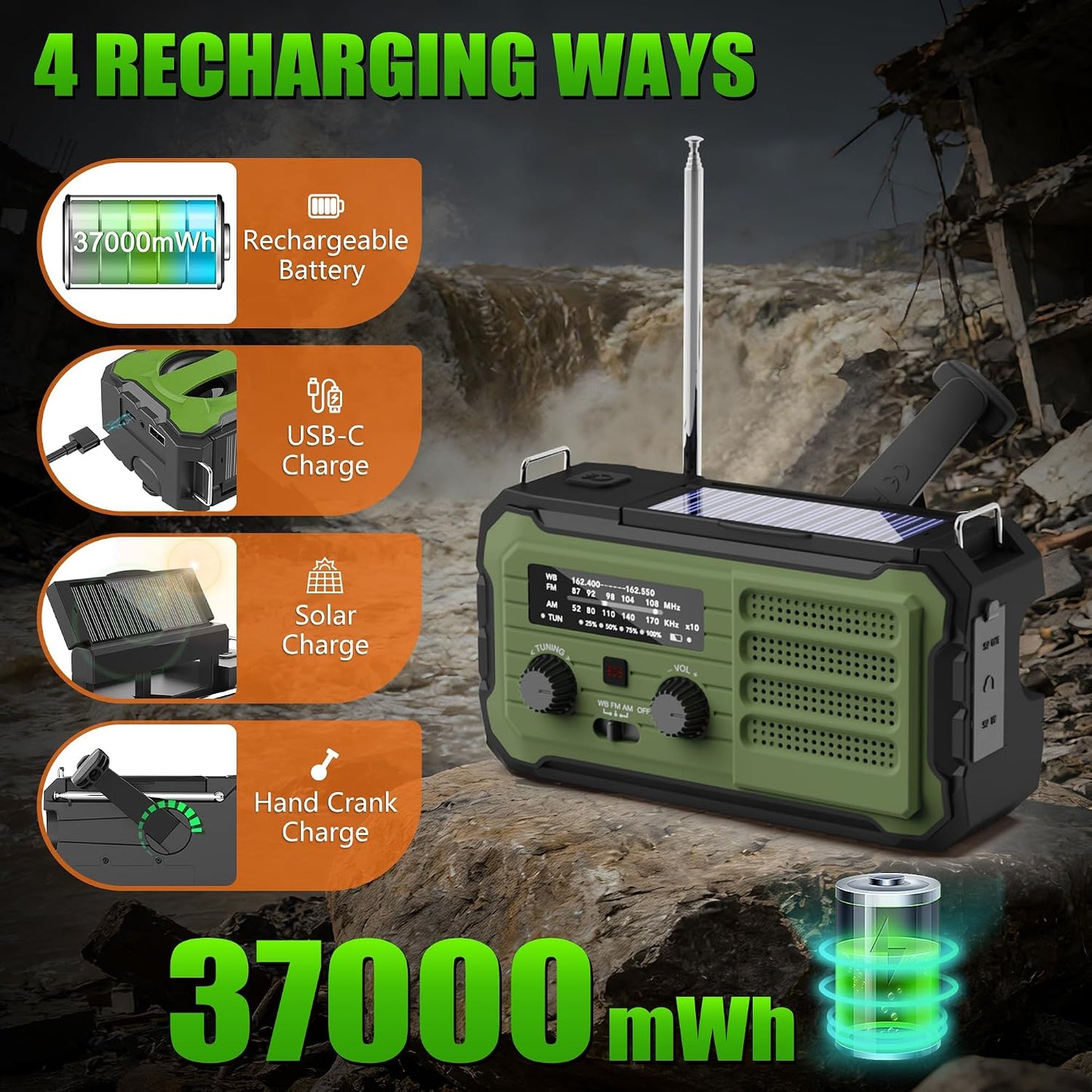 Emergency Radio Hand Crank Solar, 10000mAh/37000mWh Emergency Weather Radio | Hand Crank Solar Radios with NOAA/AM/FM, Thermal Blanket, Survival Bracelet, for Home & Outdoor