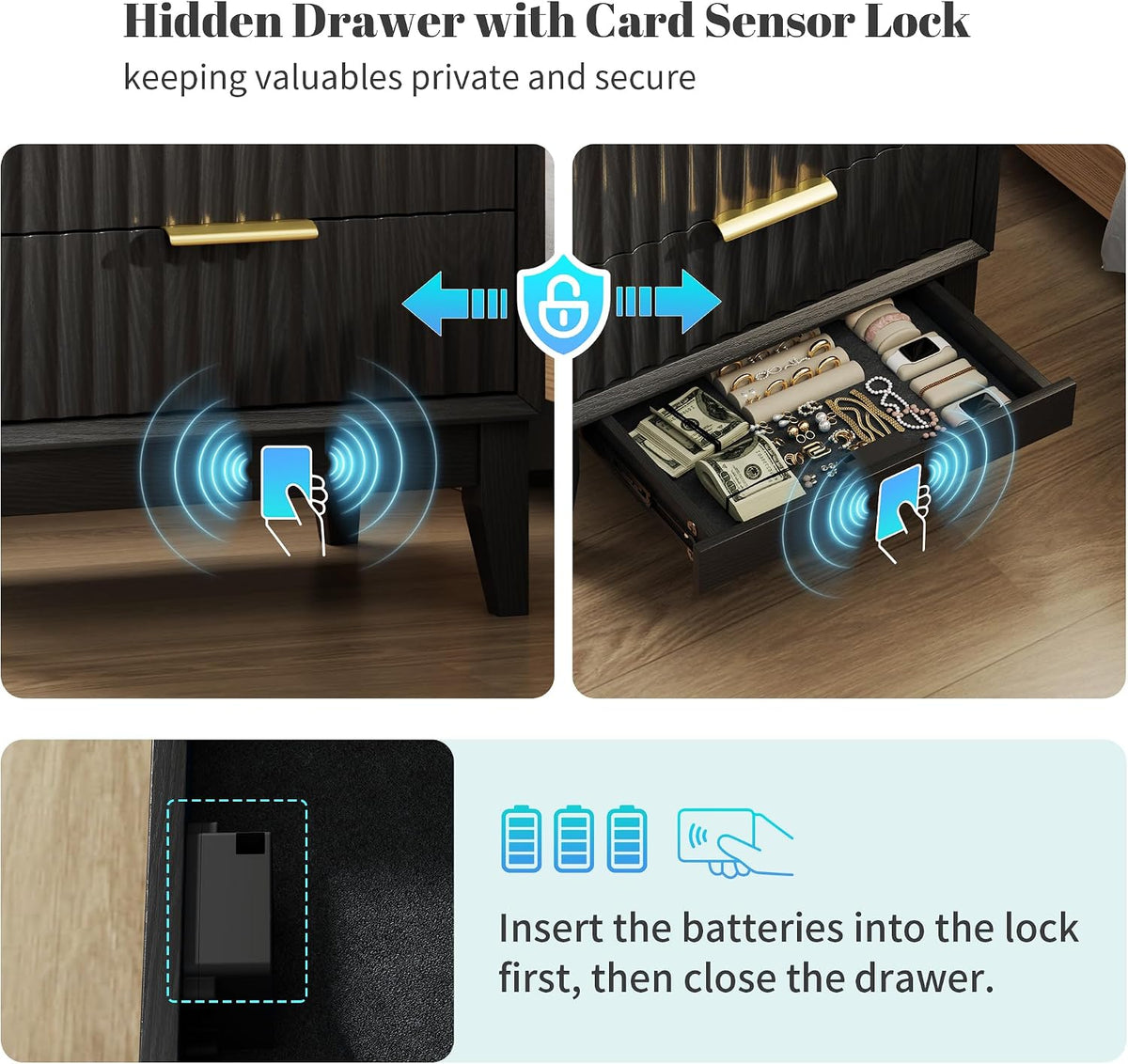 LVSOMT LED Nightstand Set of 2, RFID Lock, Charging Station, Black