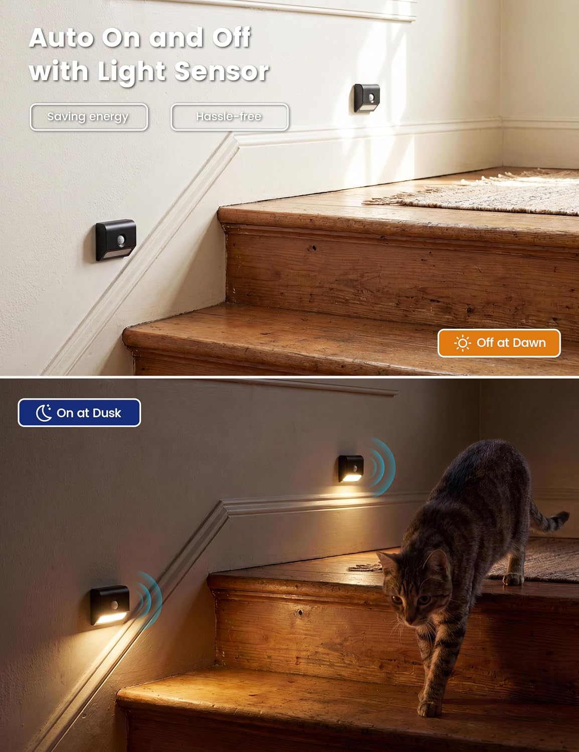 VOLISUN Rechargeable Motion Sensor Stair Lights Indoor, 3 Color Temperature LED Night Light with Light Sensor, Magnetic Stick-on Stair Lights for Hallway Bathroom Bedroom Closet Steps Black 8 Pack