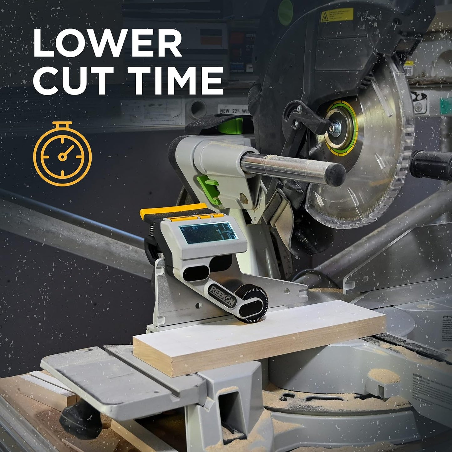 REEKON M1 Caliber Digital Measuring Tool for Miter Saws | Eliminates Tape Measure & Pencil, Fast Repeatable Cuts, English & Metric Display, Broad Saw Compatibility, Job Site Ready