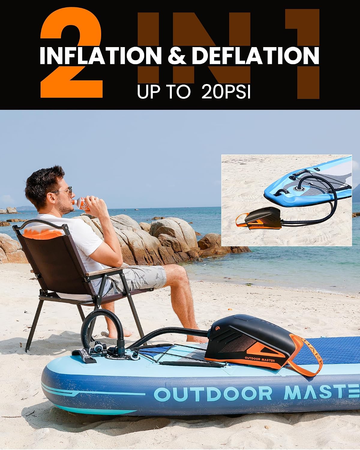 OutdoorMaster Shark 3 Paddle Board Pump Electric 74Wh- 3'50" Fast Inflation | 74Wh Rechargeable SUP Air Pump, One Charge for 4 SUPs,12V/15.8V DC Input, Digital Display, 20PSI, Auto-Off, 8 Nozzles