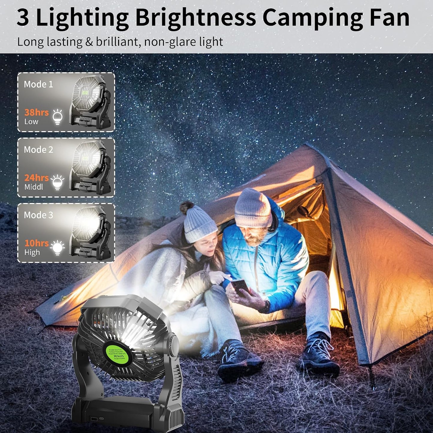Rechargeable Portable Camping Fan for Tent with LED Light, 20000mAh USB Personal Battery Powered Fan Outdoor Camping Essentials Battery Operated Portable for Travel Beach Essentials X23 Black