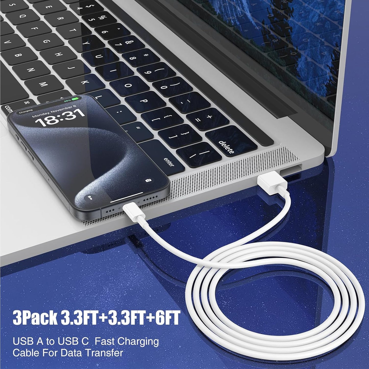 Car Carplay Cable for iPhone 17 16 15 Pro Plus Pro Max Air，3-Pack [3.3FT+3.3FT+6FT] USB A to USB C Cable for iPhone 17 16 15，for iPad Pro/Air/Mini，for Galaxy S25 S24，for MacBook Pro/Air and More