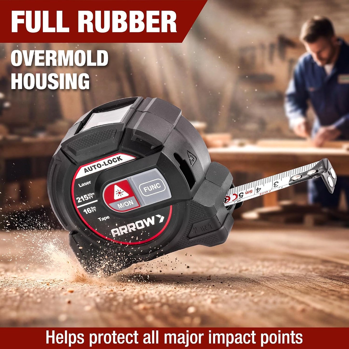 Arrow 2-in-1 Laser Tape Measure, 215Ft/65m Laser Distance Measuring Tool | 16Ft Magnetic Tape, Area Volume Calculation, Continuous Measurement, Bubble Level, Home Improvement Tool-NOT Digital