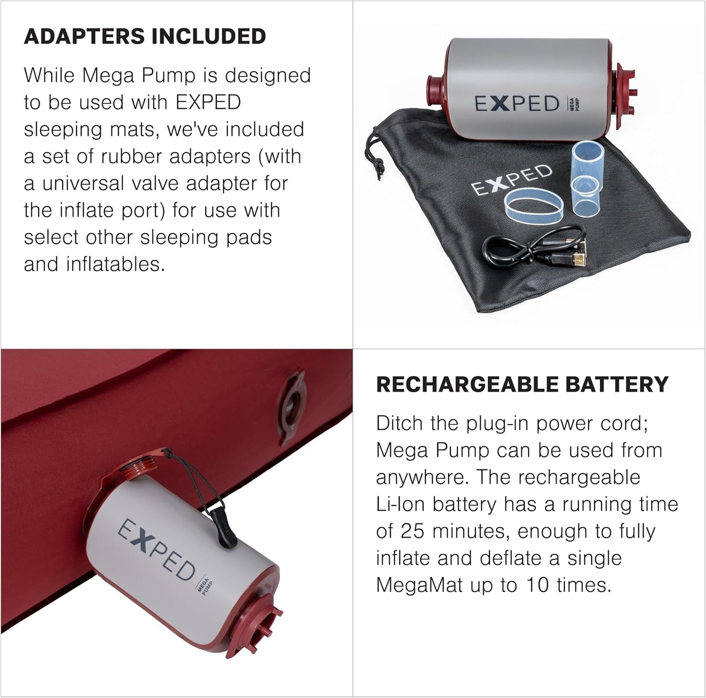 Exped Mega Pump | High Power Portable Electric Air for Inflating and Deflating Camping Pad, Rechargeable Battery USB-C Port