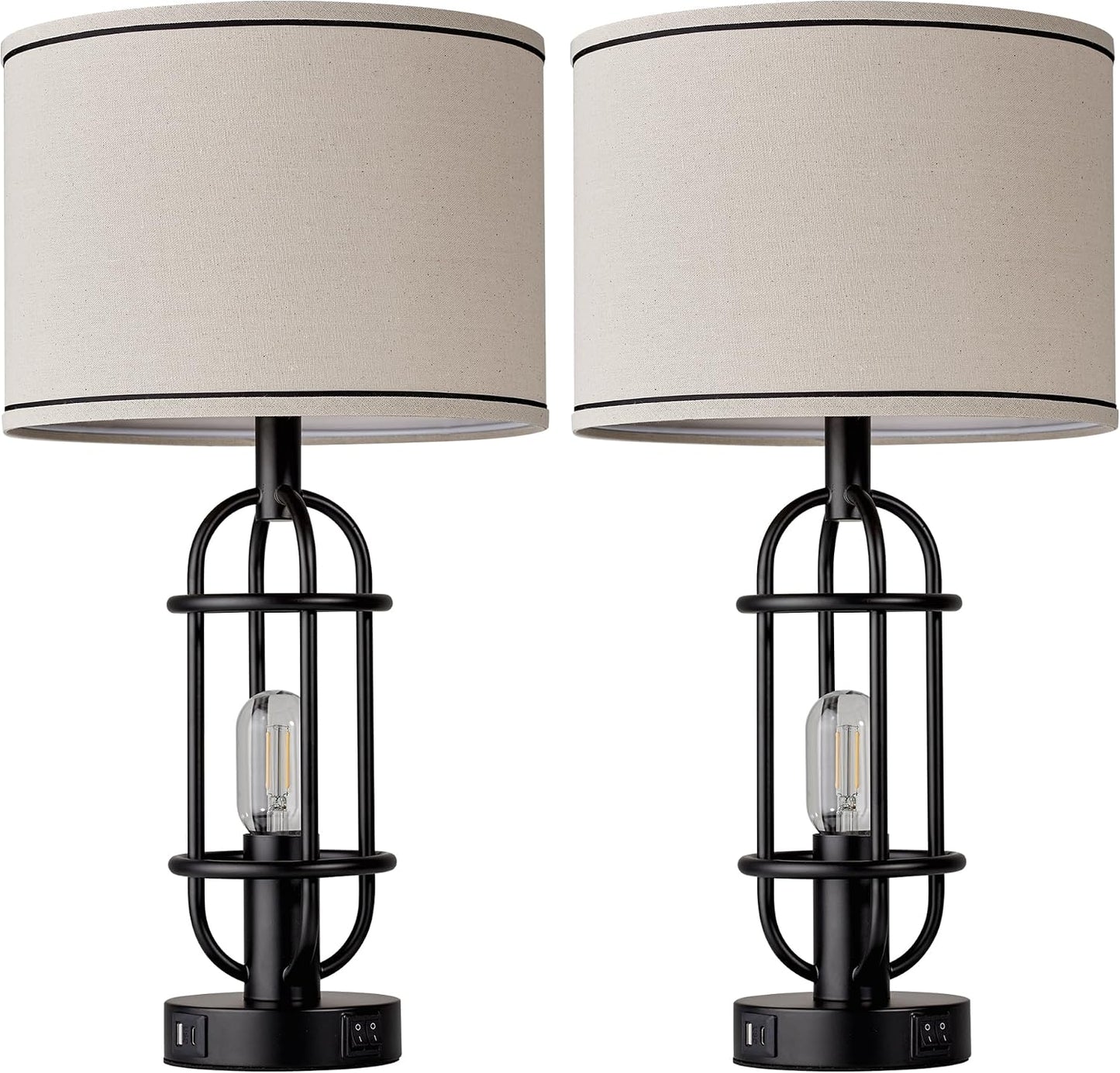 Reaketon Black Table Lamps for Living Room Set of 2, 22.3" Farmhouse Lamps for Nightstand, Industrial Table Lamps for Bedroom with USB Ports, Bulbs Included