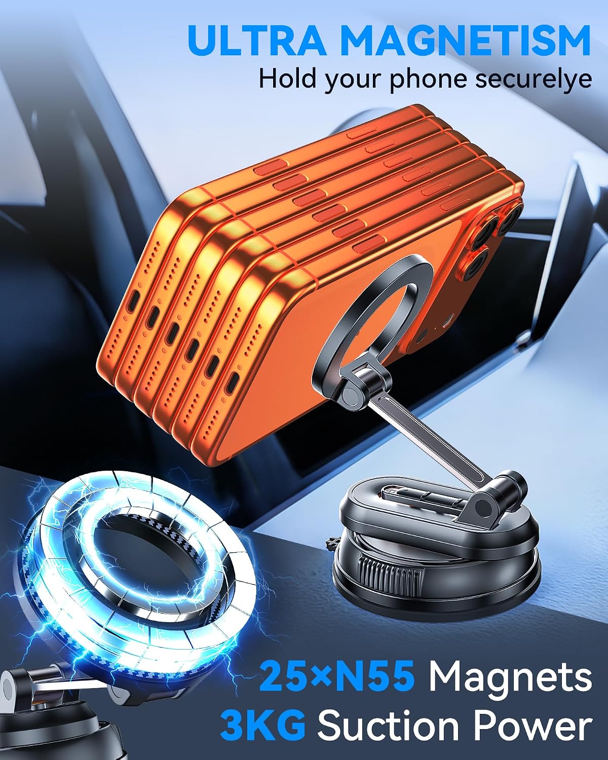 2-IN-1 Detachable MagSafe Car Mount, Vacuum Magnetic Phone Holder for Car | [2800gf Strong Magnet & 89+LBS Suction Base] Phone Holders for Your Car, 360° Adjustable Car Phone Holder for iPhone 17-12