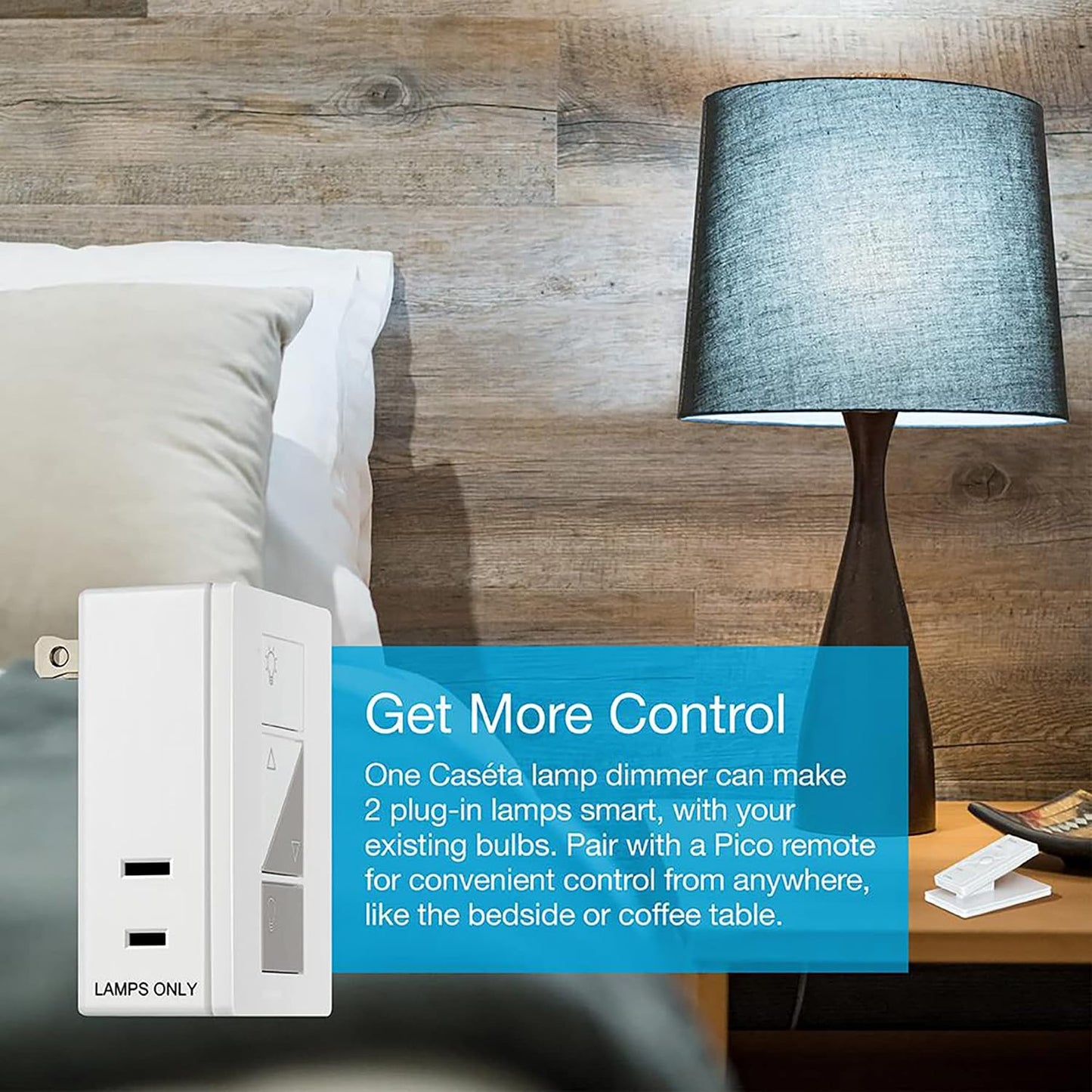 Lutron Caseta Smart Lamp Dimmer Kit; Plug-in Dimmer & Pico Wireless Remote | Wireless remote and lamp dimmer kit adds a new switch for floor lamps or table lamps without running wires P-PKG1P-WH, White