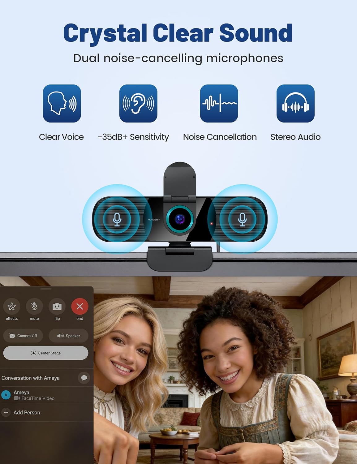 Pro HD 1080p/30fps Webcam with Tripod, External USB Camera for PC/Laptop | Dual noise-cancelling mics | Auto-focus | Wide-angle | Low-light correction | 360° rotation | CMOS sensor | Plug and Play