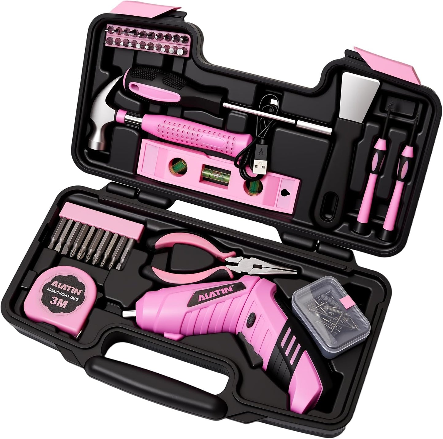 Pink Cordless Screwdriver Tool Set, 40-Piece Household Hand Tool Kit | With 3.7V Rechargeable Electric Screwdriver, Hammer, Pliers, Nails for Home Maintenance DIY Beginners