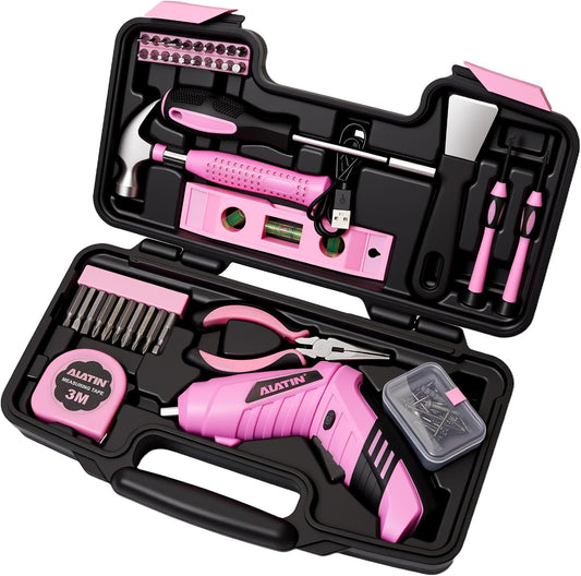 Pink Cordless Screwdriver Tool Set, 40-Piece Household Hand Tool Kit | With 3.7V Rechargeable Electric Screwdriver, Hammer, Pliers, Nails for Home Maintenance DIY Beginners