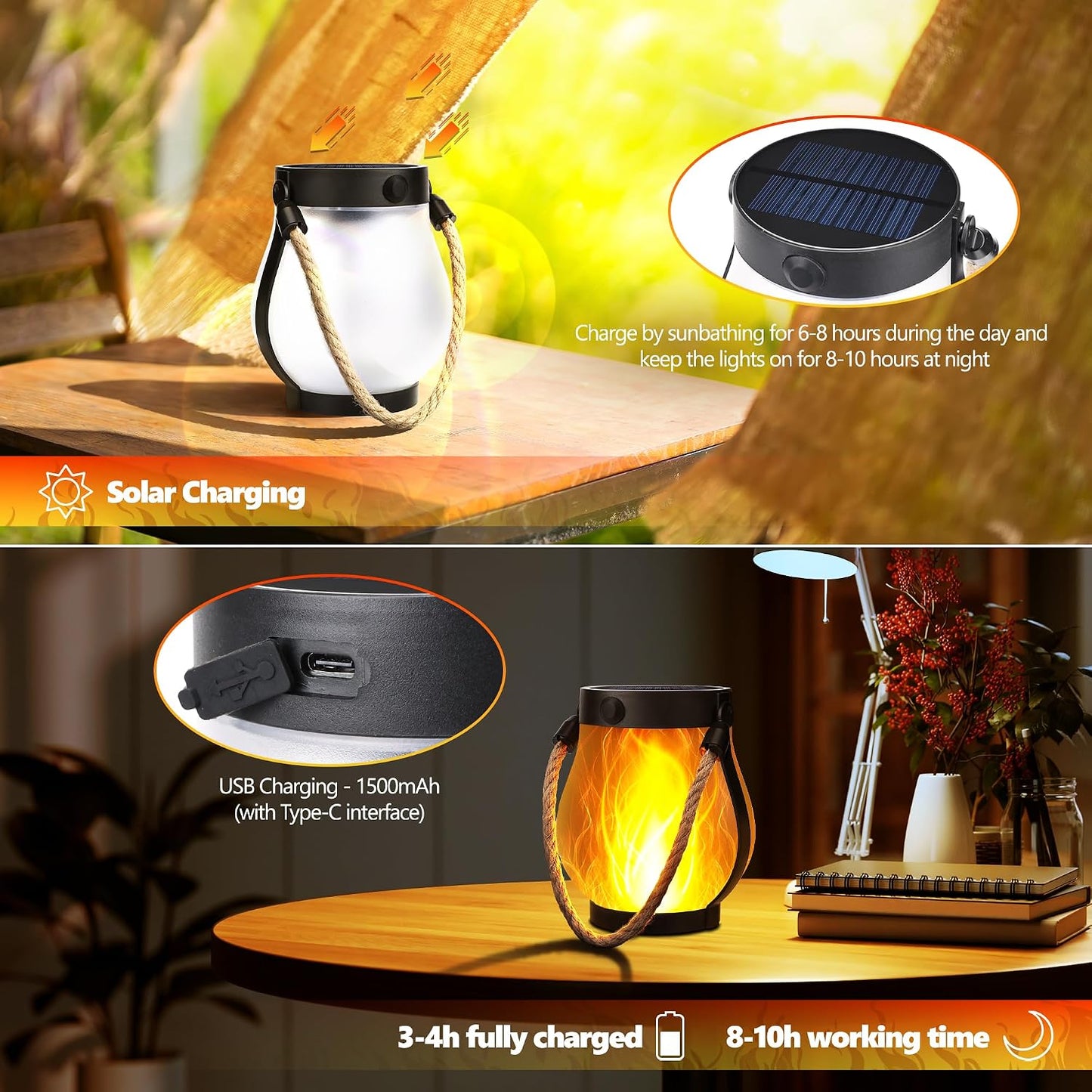 iBaycon 2 Pack Gen2 Solar Lantern Lights USB Ultra-Real Flame, Warm White | Solar Garden Lights with Solar & USB-C Dual Charging, 2 Modes Outdoor Waterproof Hanging Lantern for Patio Yard Home