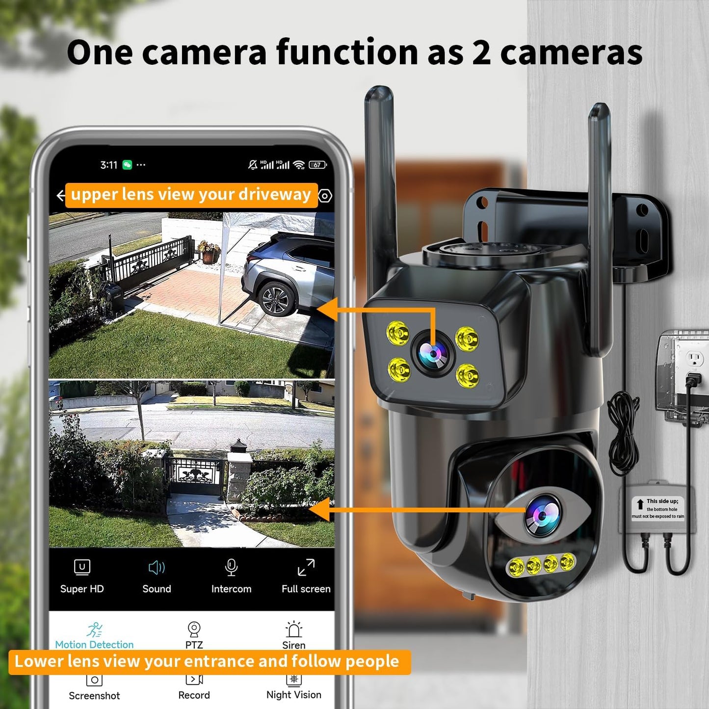 LETSCEE Dual Lens WiFi Security Camera Outdoor, 2.4G/5G PTZ Outdoor Plug-in Camera Auto Tracking,Home Security Surveillance System,WiFi,Night Vision,7/24 Recording