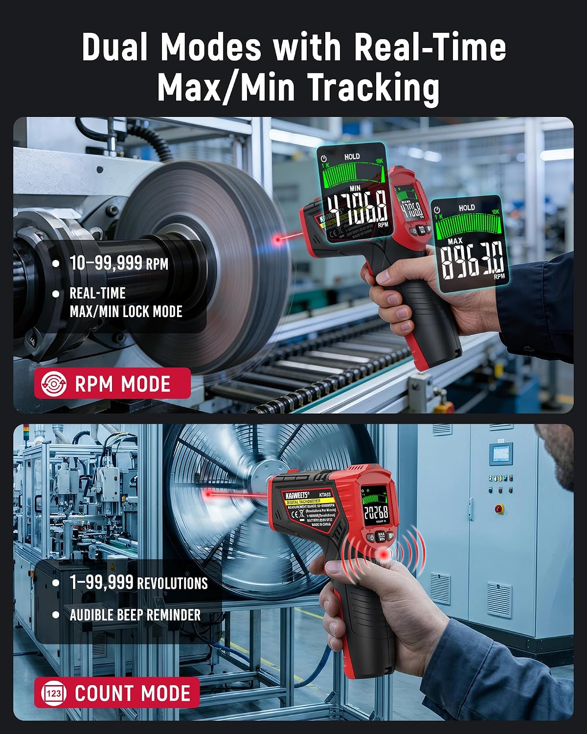 KAIWEETS Laser Tachometer Digital RPM Meter Non Contact Motor Speed Tester 10-99999 RPM, Handheld Tachometer with Large LCD Display, Max Min Memory, Reflective Tape for Engines Motors Fans
