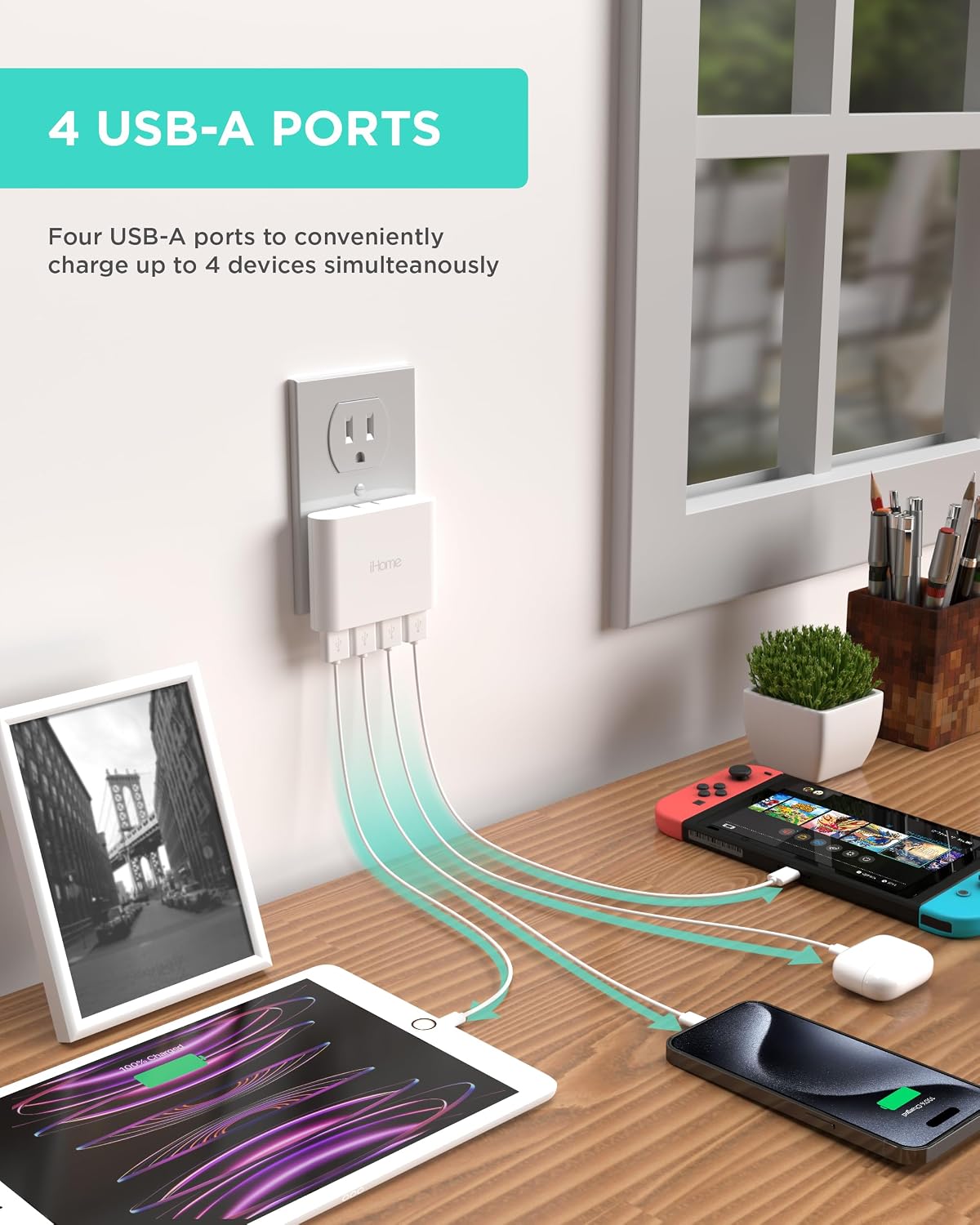 iHome Slim 4-Port USB Wall Charger, Flat Multiport Travel Plug Adapter | Foldable Prongs, 2.4A Rapid Charge Port, Charges iPhone, Android, iPad, AirPods, Travel-Friendly, Charging Block for Home Use