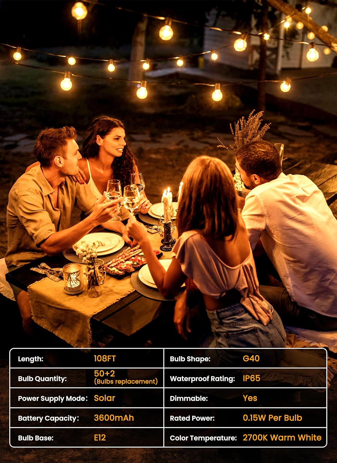 Brightown 108FT 52LED Solar String Lights Outdoor with Remote & USB Port | Shatterproof Bulbs, Dimmable & Timable, 3 Modes, Patio Lights Solar Powered with a Mount Clip for Camping Backyard Garden