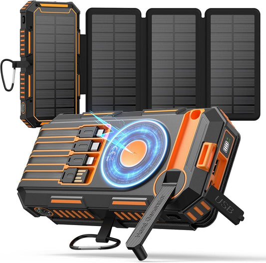 FEELLE Solar Power Bank 50000mAh Magnetic Portable Charger with Hand Crank | Built in 4 Cables & 4 Solar Panels, PD QC 3.0 Fast Charging Battery Pack, Flashlight for Outdoor, Charge 6 Devices at Once