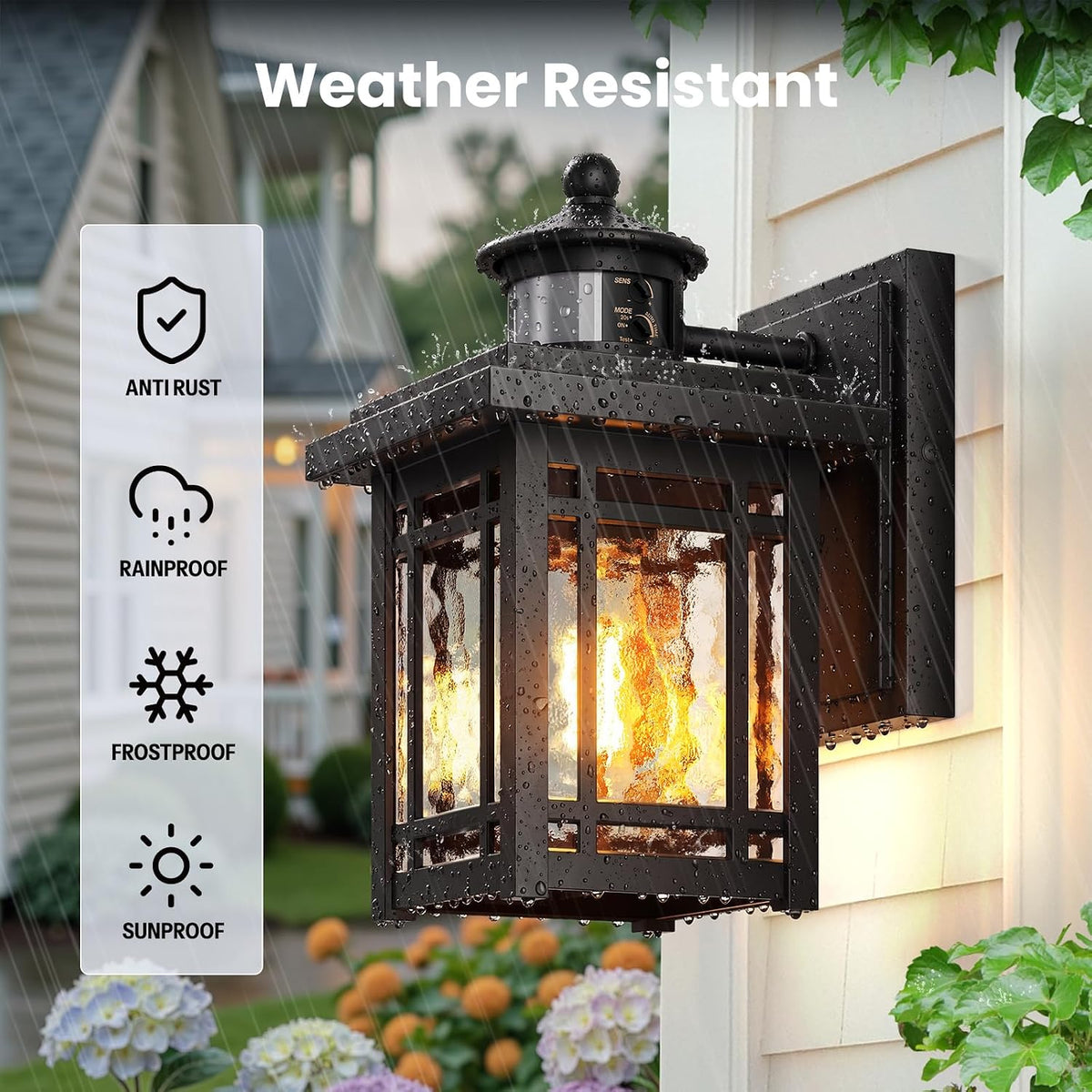Gleamz Black Exterior Lighting Fixtures, Aluminum Motion Sensor Porch Lights Outdoor, Waterproof Dusk to Dawn Outdoor Lighting with Ripple Glass, Modern Outside Wall Lights for House,Patio, E26 Socket