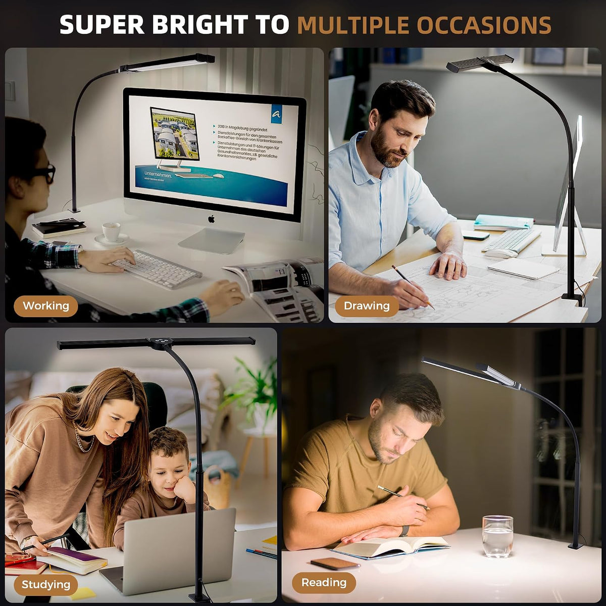 Motumen Led Desk Lamp for Home Office, Eye-Care Desk Light Clamp, White
