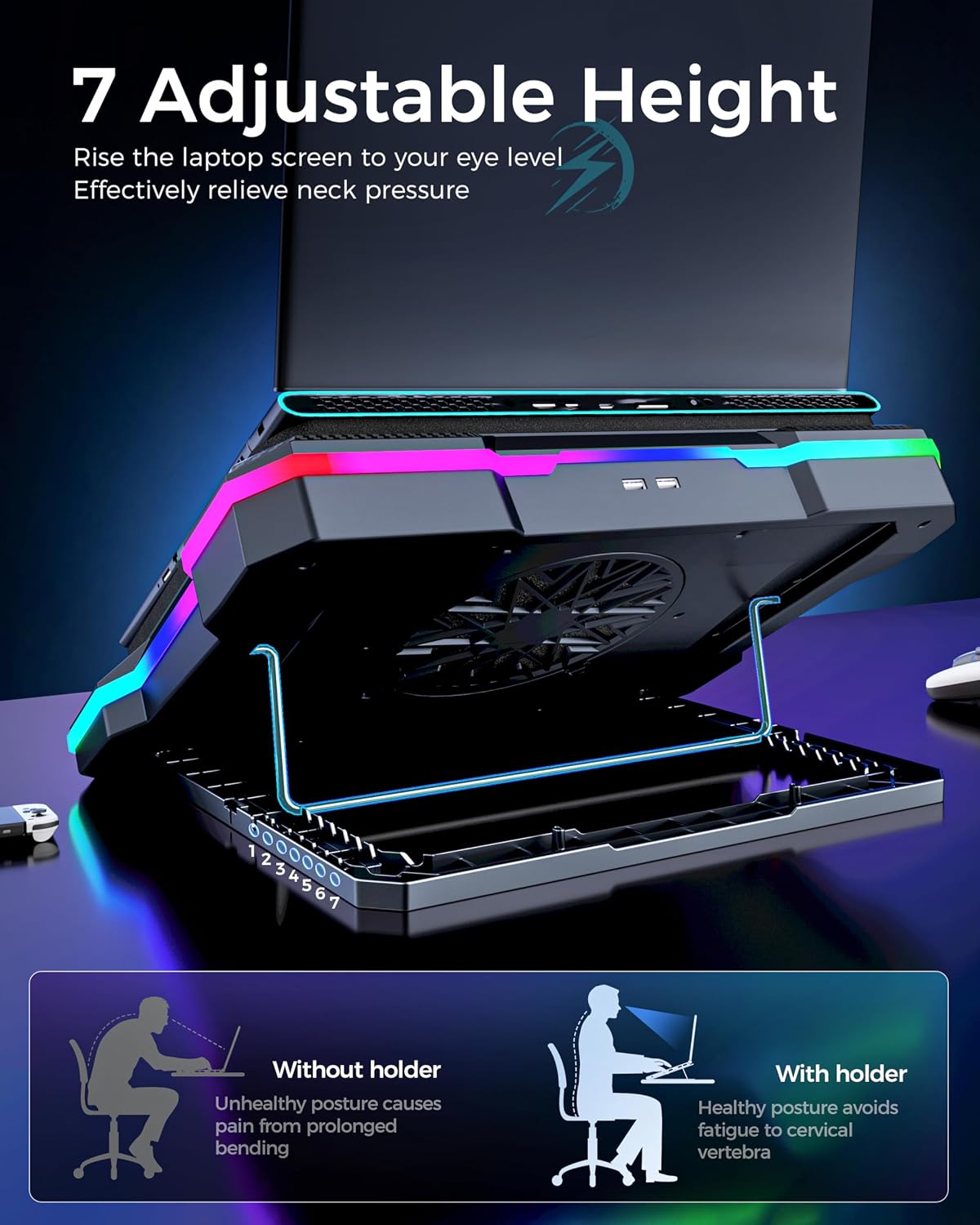 AICHESON Laptop Cooling Stand Gaming RGB Cooler for 15-19 inch Heavy Laptop | Gamer PC Computers Partner Fan with Full RGB Lights, 1 Big Powerful Fan Pull Up Stand Heat Dissipation