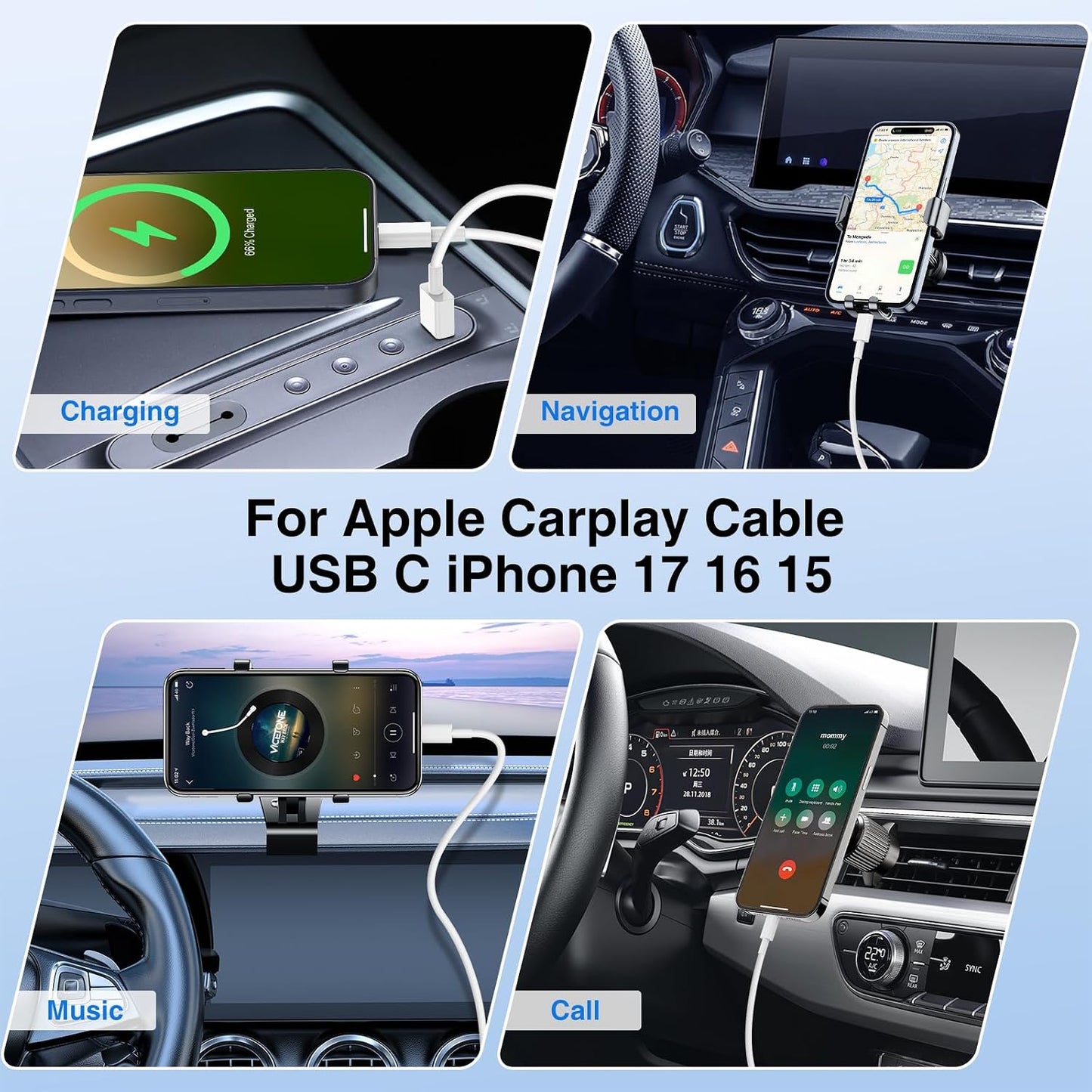 48W USB C Car Charger, Dual Port USB-C & USB-A Car Fast Charging Adapter | 2X3FT C to C Cable & A to C Carplay Cable, Super Fast Type C Car Charger for iPhone 17 16 15 Series/iPhone Air, iPad, Samsung