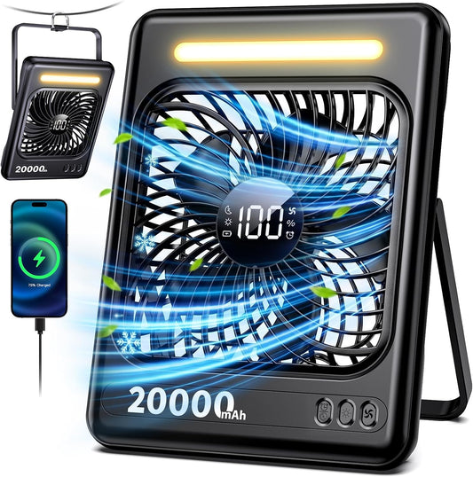 20000mAh Battery Powered Fan, Max 60H Runtime, Ultra-Slim Travel Fan, 5 Speeds Portable Rechargeable Fan with LED Lantern, 2/4/6/8 Timer Personal Camping Fan for Cruise Fishing Ship Tent Office Home
