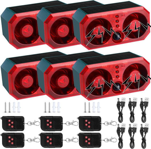 Qualirey 6 Pcs Solar Outdoor Motion Sensor Alarm Motion Sensor Animal Deterrent Dog Barking Alarm 13 Sound 130dB Loud Noise Maker 4 Mode with USB Remote Control Support Recording Volume Adjustment
