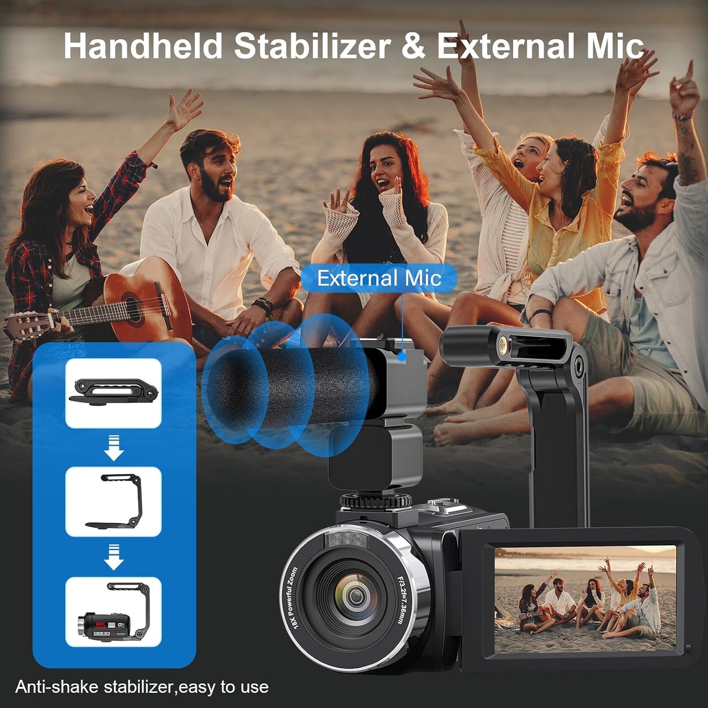 8K Video Camera Camcorder 64MP Wifi IR Night Vision Webcam Camcorders | Vlogging Cameras for YouTube with 18X Digital Zoom 3.0”Touch Screen Stabilizer, Mic, 64G SD Card, Remote Control, 2 Batteries