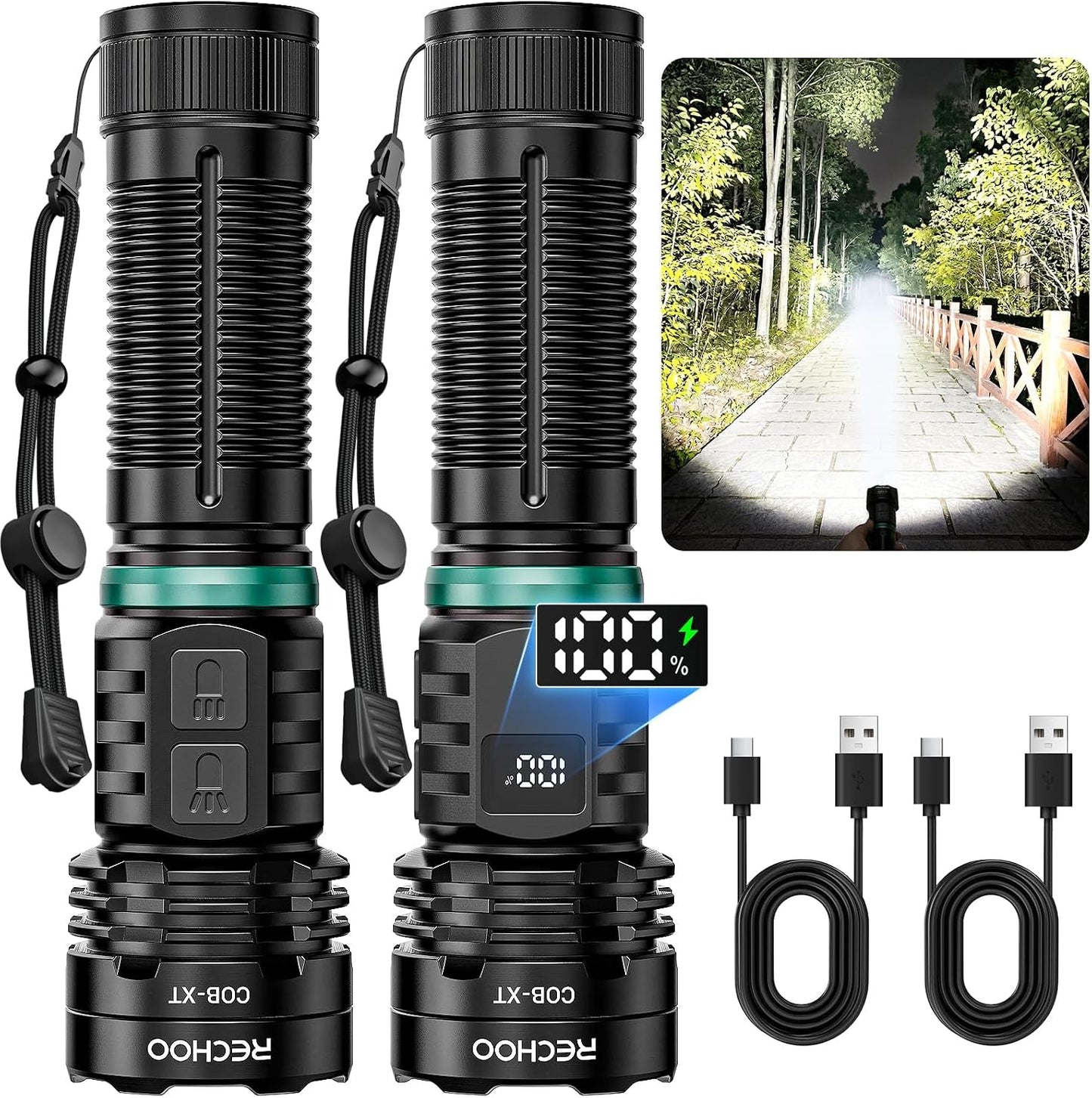 Rechargeable Flashlight 2 Pack, Super Bright Flashlights High Lumens 99000 | Fixed Foucs, 8 Lighting Modes IP65 Waterproof Flashlight for Camping Essential, Hunting, Emergency, Gifts for Men