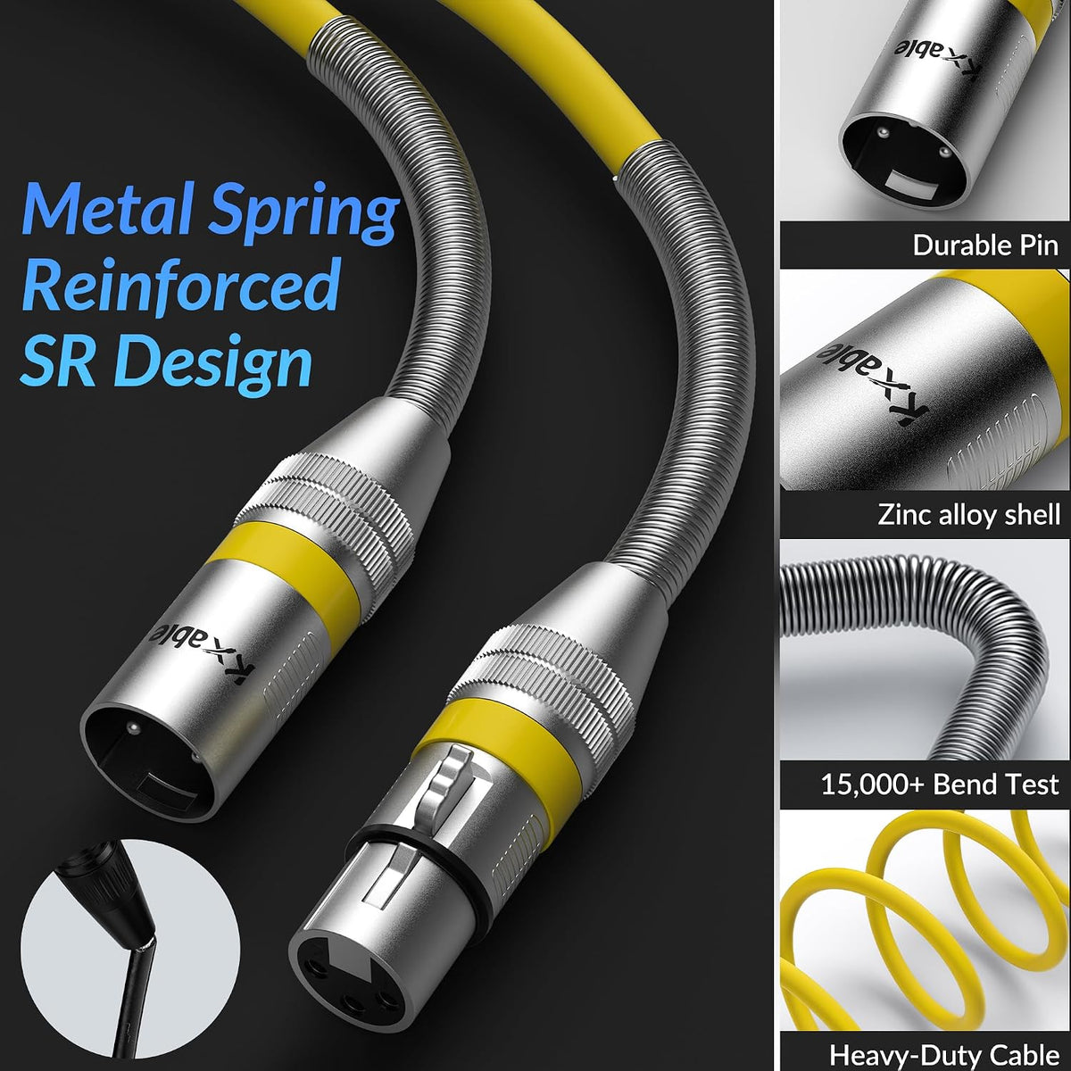 Kxable XLR Microphone Cable 75 FT, XLR Male to Female Balanced Mic Cable, 3-Pin Shielded Speaker Cord, Zinc Alloy Connectors, 22AWG Pure Copper, Metal Spring SR, Recording Studio, Podcast, Yellow