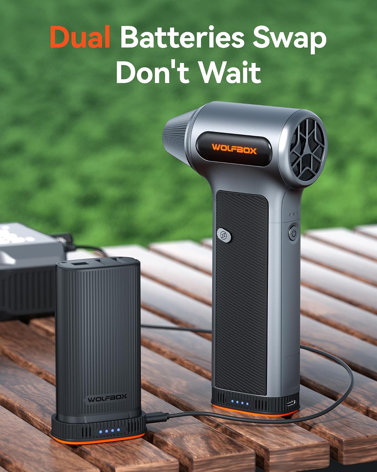 WOLFBOX MF200-2PK Compressed Air Duster, 2 Swappable Batteries & Case | Electric Air Blower, Hurricane-Force Airflow, For PC, Car & Home, High-Pressure Narrow Gap Cleaning, 24-Month Warranty