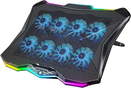 AICHESON Laptop Cooling Pad with 8 Cooler Fans for 15.6-17.3 Inch Computers | RGB Atmosphere Lights, Computer Base Stand with 7 Height Slots, Blue LED Lights with Fans, 2 USB Ports, AA3