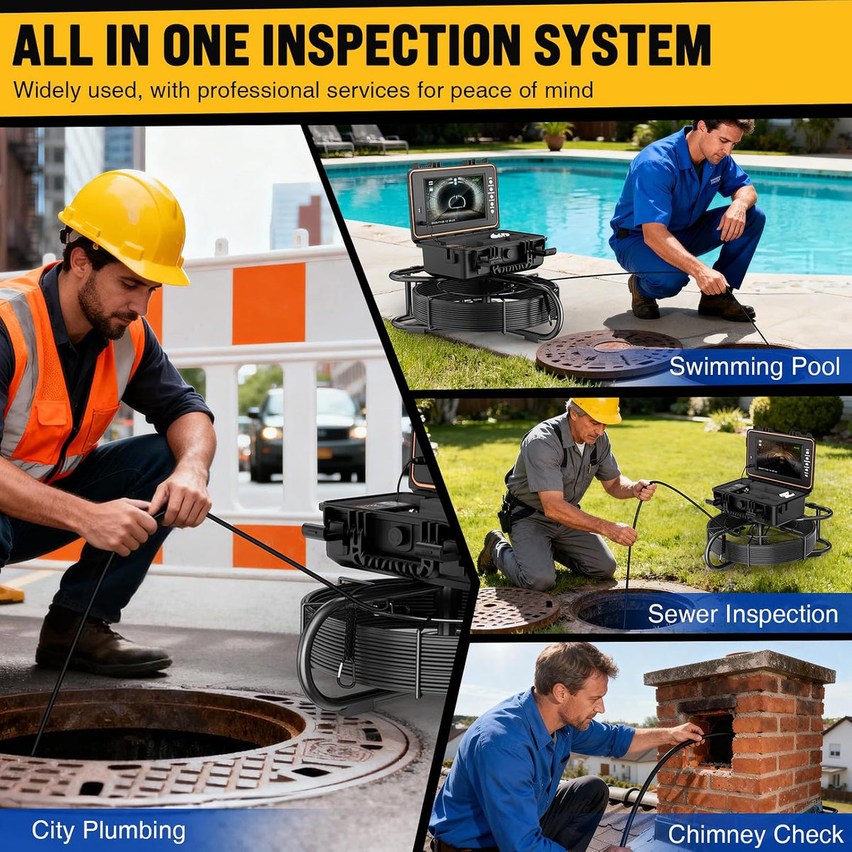 Anysun Sewer Camera Self Leveling 100ft, Sewer Inspection Camera with Meter Marker, HD Screen, DVR, 12 Adjustable LED Lights, 7mm Cable, 5100mAh Rechargeable Battery, 32GB Card