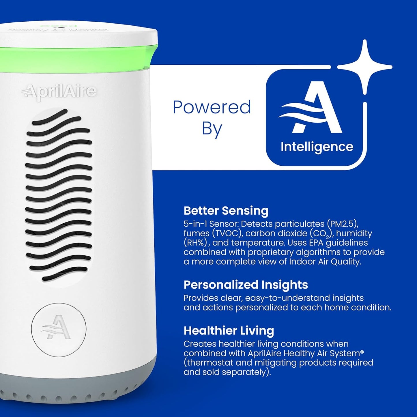 AprilAire ZAWTHCPV Smart Indoor 5-in-1 Wi-Fi Air Quality Monitor (CO2, VOC, PM 2.5, Particulate Matter, Humidity and Temperature), App Controlled IAQ Monitor for Home Air Quality Sensor