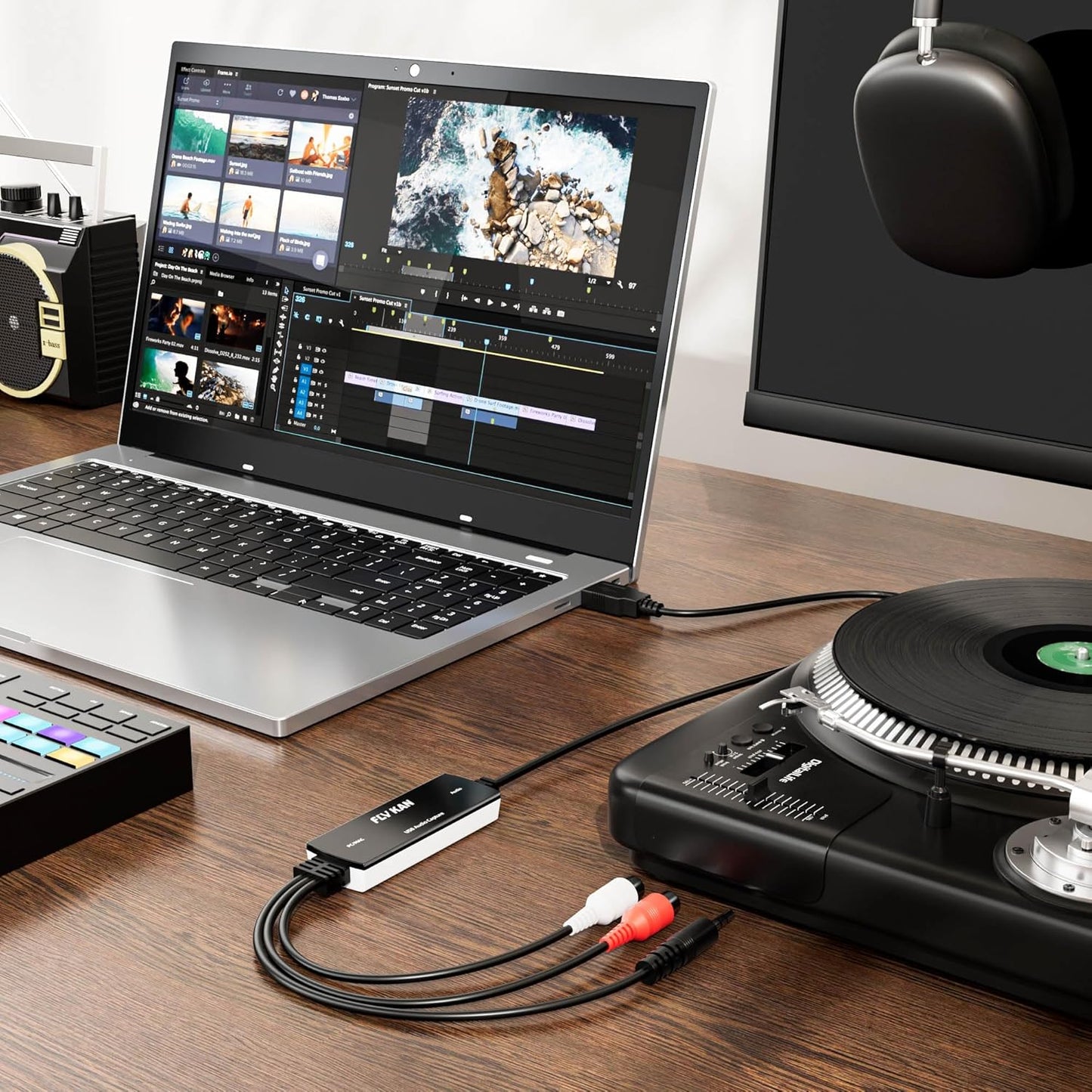USB 2.0 Audio Grabber with USB-C Adapter – Analog to Digital Converter, Dual RCA/3.5mm Inputs, Vinyl/Cassette to MP3 USB Capture Card for PC/Mac/Linux