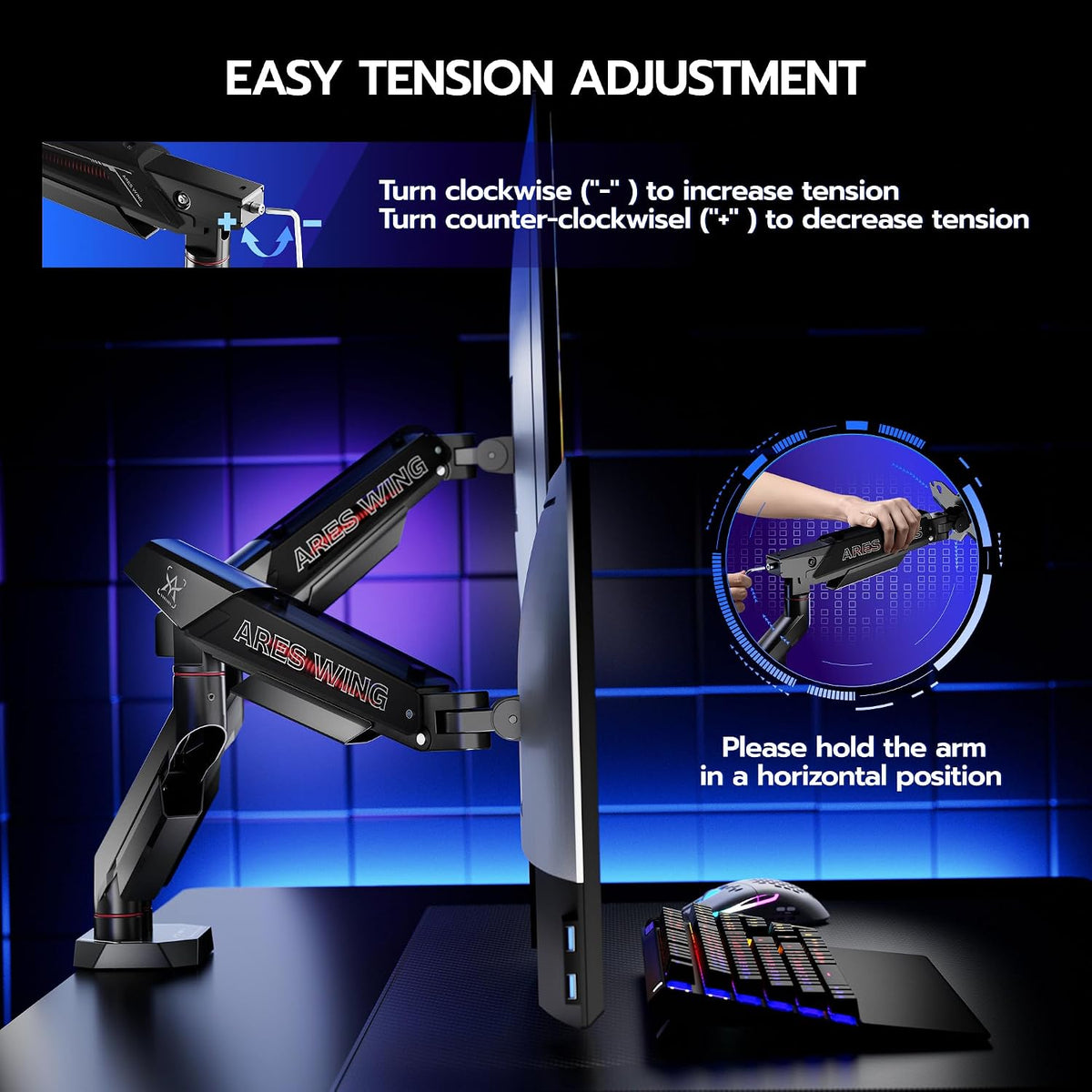 ARES WING Dual Monitor Arm for 17-35 Inch Flat Curved Screens, Black