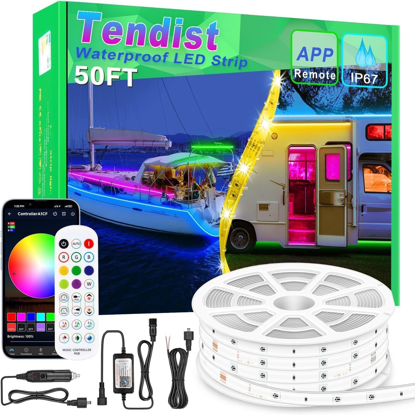 50FT Boat Lights LED Waterproof, 12V Marine Light Strip for Boat, RGB Marine LED Strip 12V with App &amp; Remote for Pontoon Interior and Exterior, Night Fishing Lighting for Jon, Yacht, Kayak, Deck